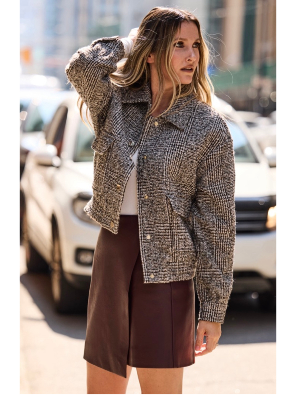 Tweed RW&Co Brown Plaid Wool Blend Bomber Jacket Academia Fall Oversized Cropped